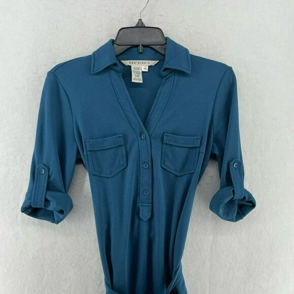 Max Studio Dress XS Teal Blue Collared V-Neck 3/4 Sleeve Roll-Tab Stretch Belted - Picture 6 of 11